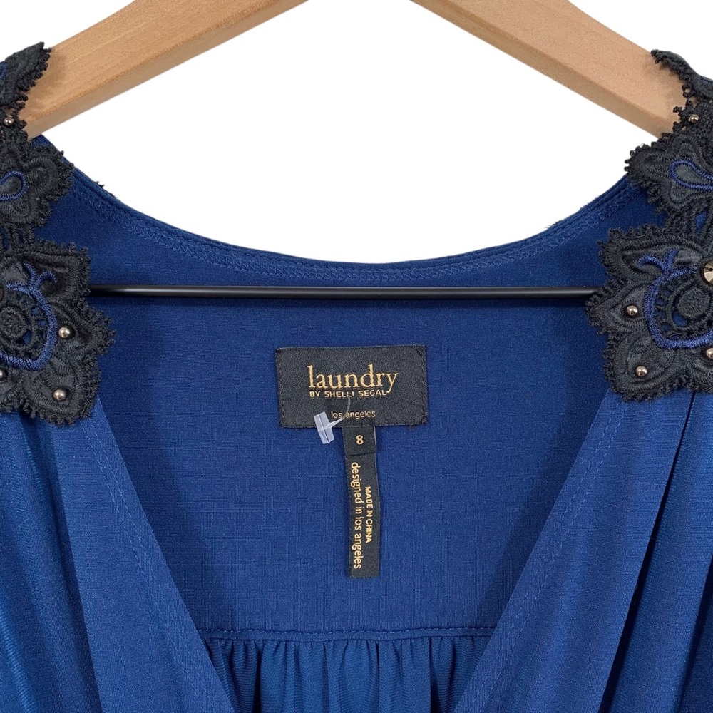 Laundry Cobalt Blue with Black Embroidered Appliqué Faux Wrap Midi Dress - Picture 7 of 7